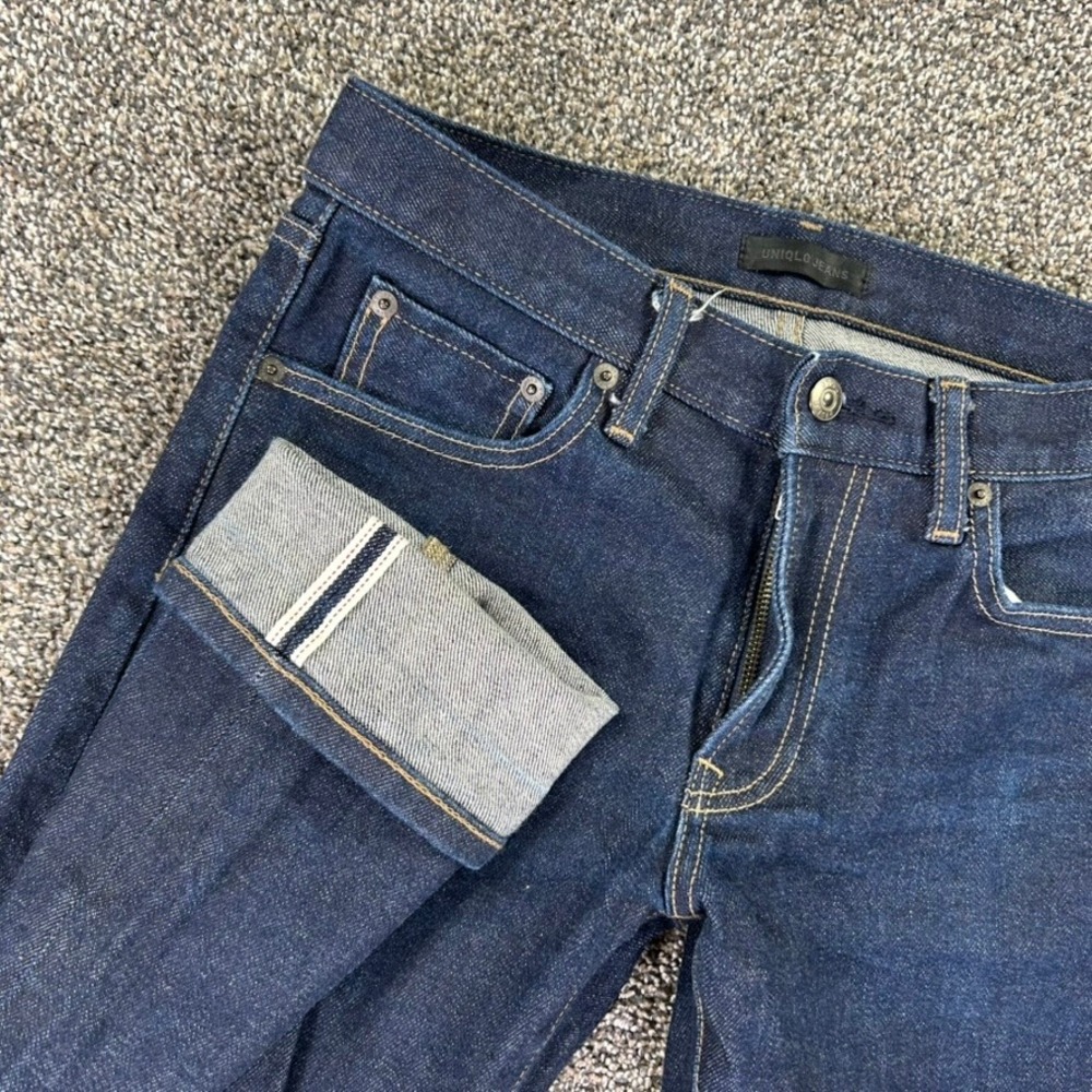 Uniqlo Kaihara Selvedge Denim Slim Straight Jeans Men 29x32 Low Rise Indigo Dark